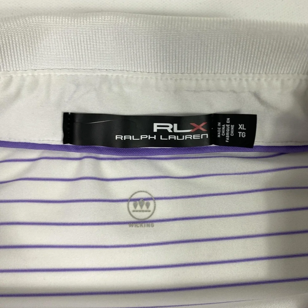 RLX Ralph Lauren Polo Shirt Mens XL White Purple Stripe Golf Performance Wicking